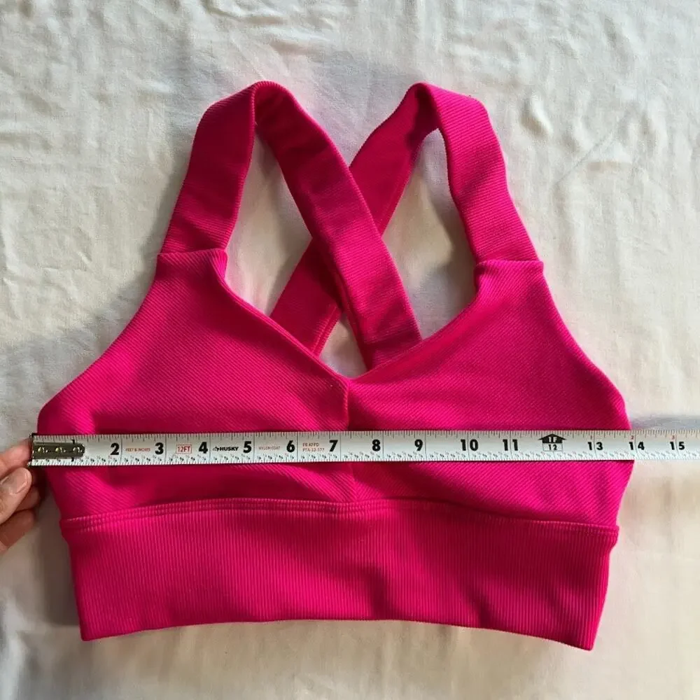 Alo Yoga Emulate Bra S Hot Pink Ribbed Sports Bra Cross Back Pilates Workout